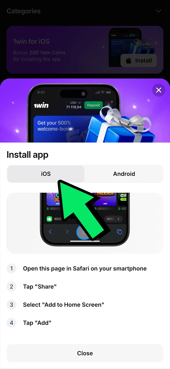 Select iOS version to download the 1Win app.