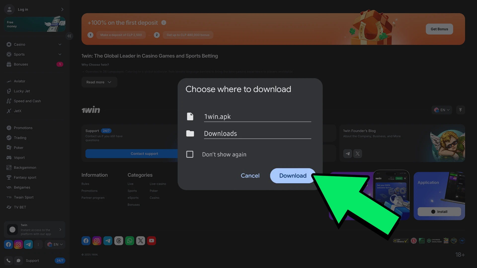 Download the installer to set up 1Win on PC.