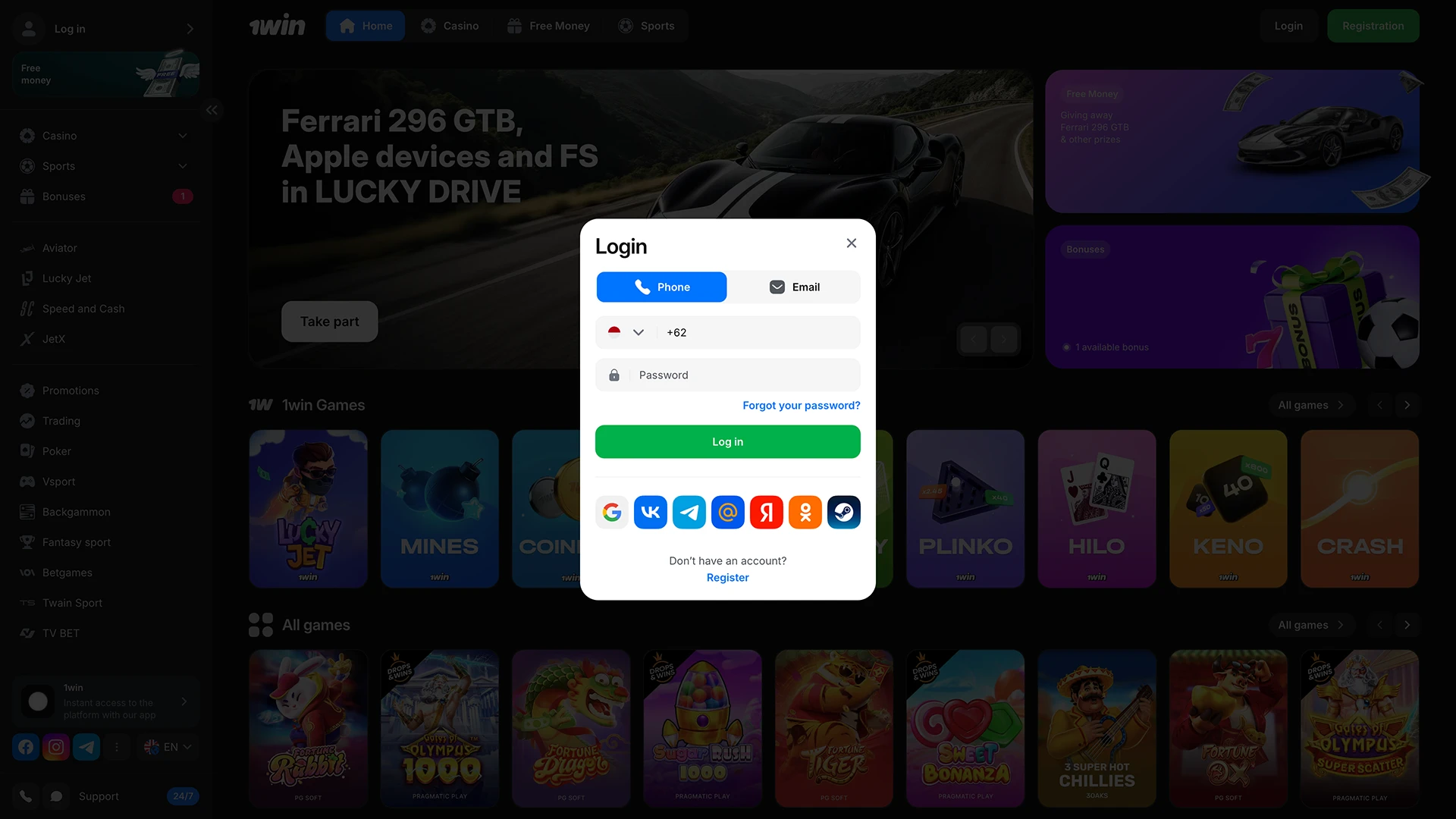 Launch the 1Win app and log in on PC.
