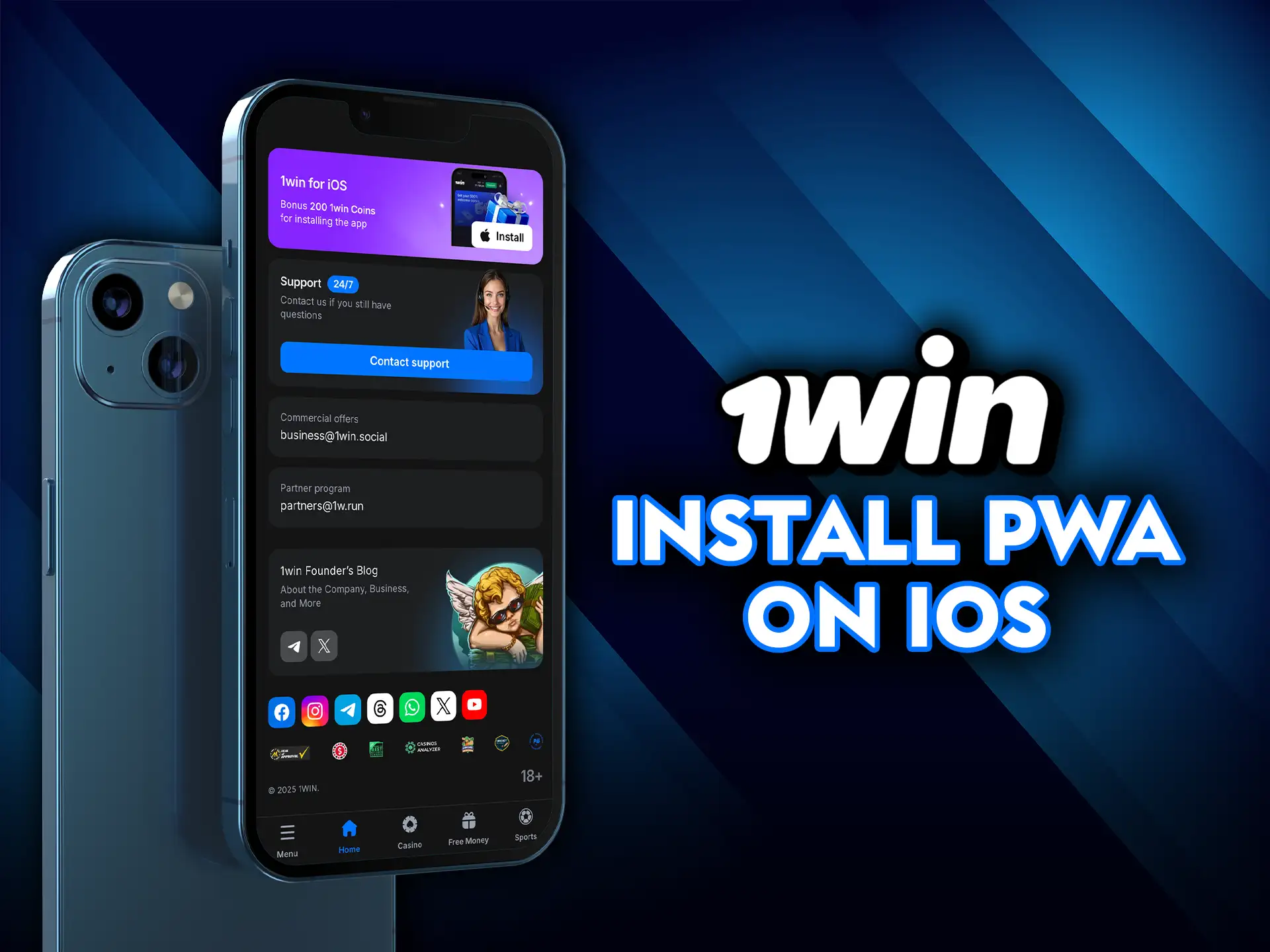 Install 1Win PWA on iOS and play without downloading.