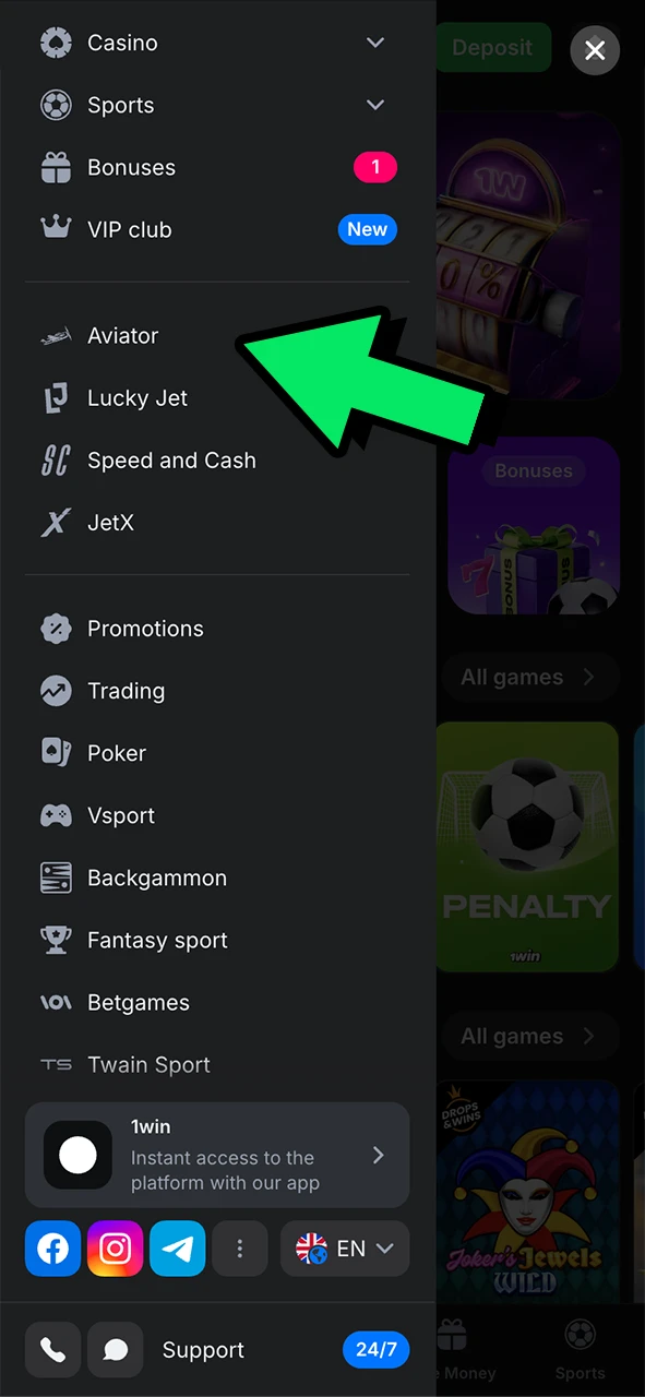 Find Aviator in the 1Win game section.