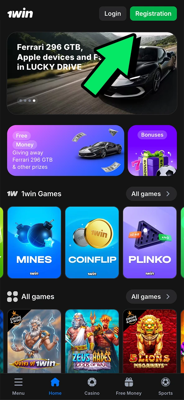 Find the registration button on 1Win and start betting.