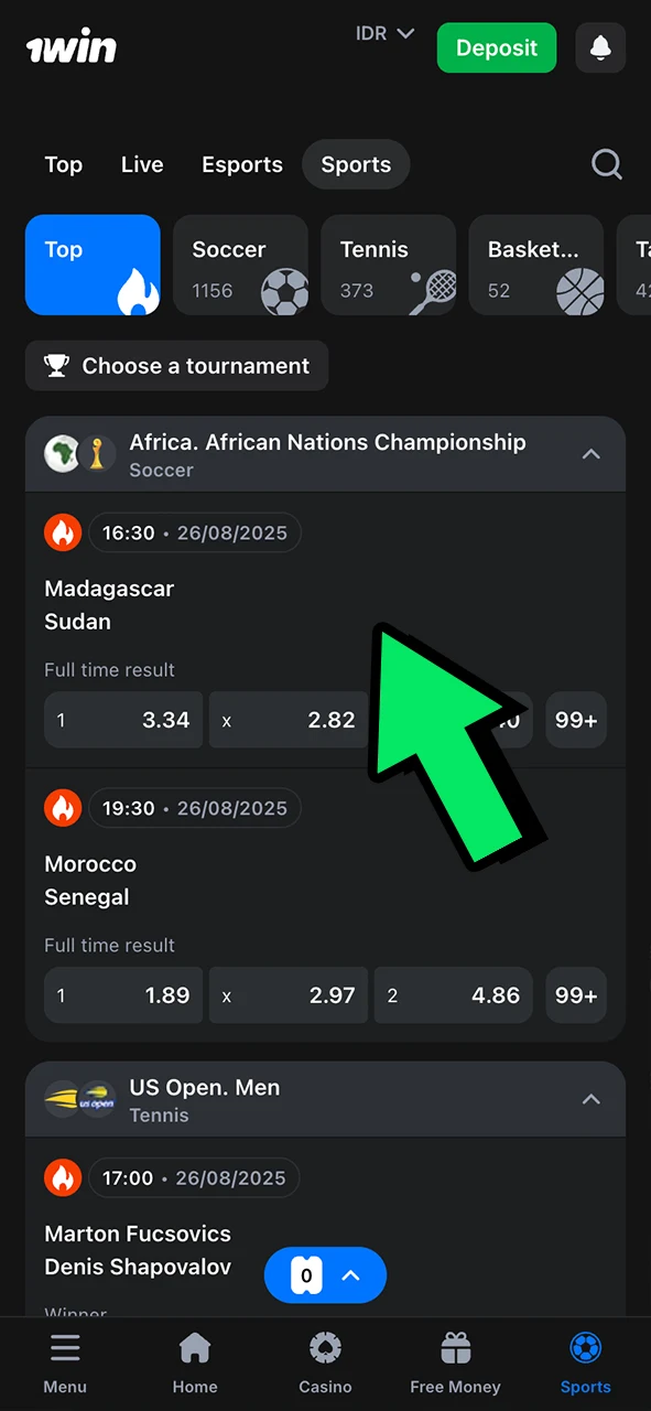 Select your event and start betting at 1Win.