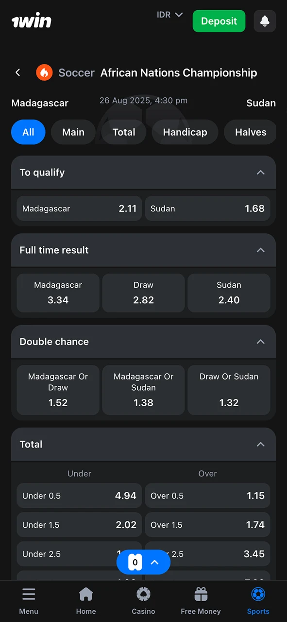 Pick a bet type on 1Win sportsbook.