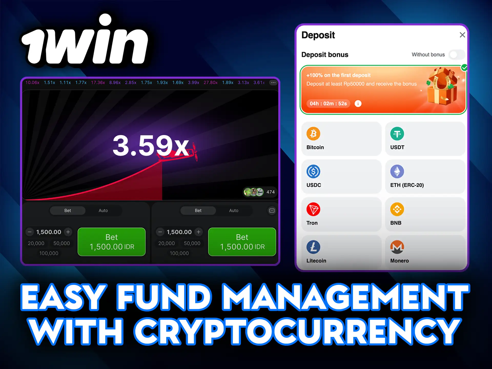 Easy fund management with cryptocurrency at 1Win.