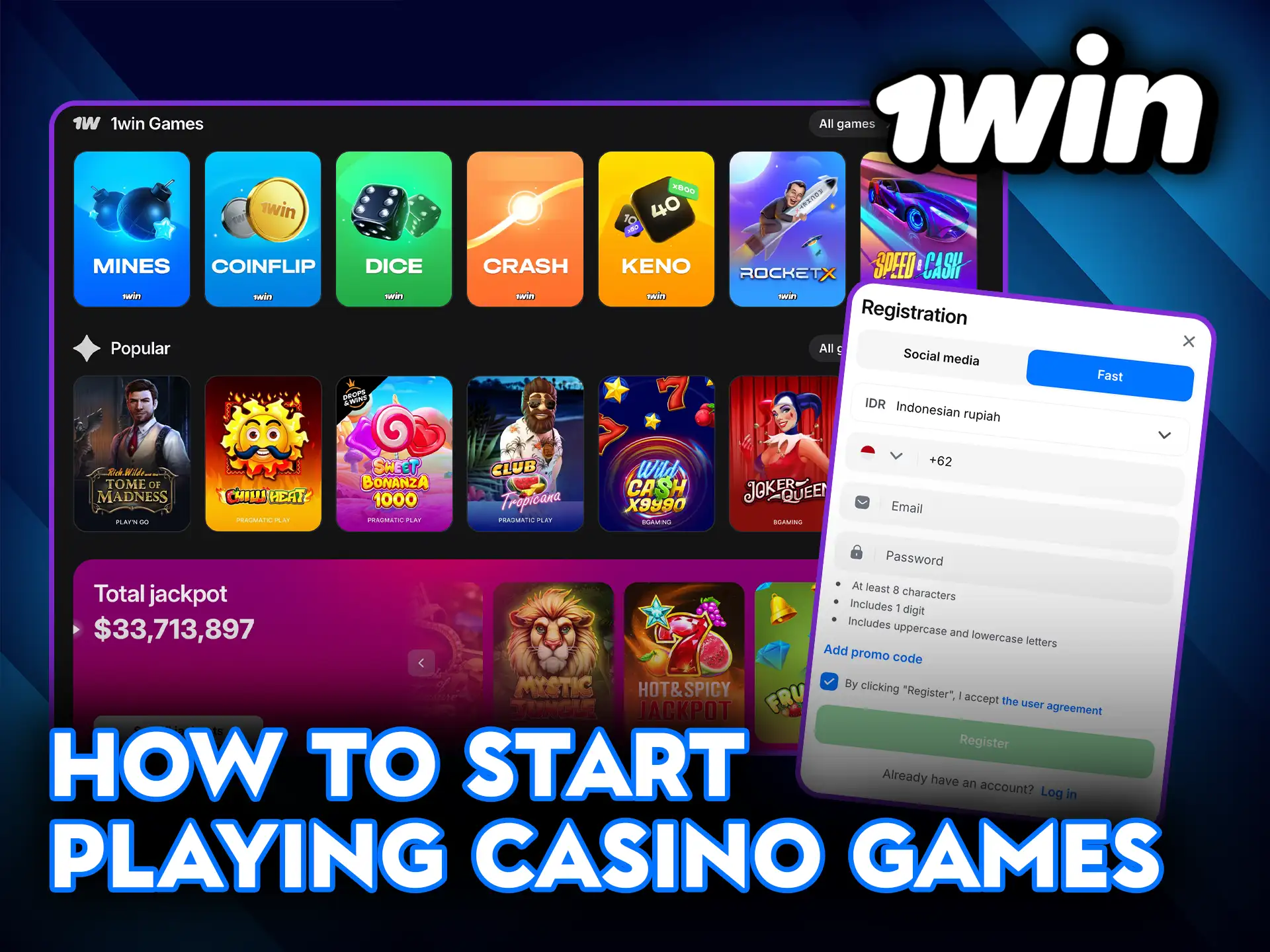 How to start playing casino games at 1Win and win real prizes.