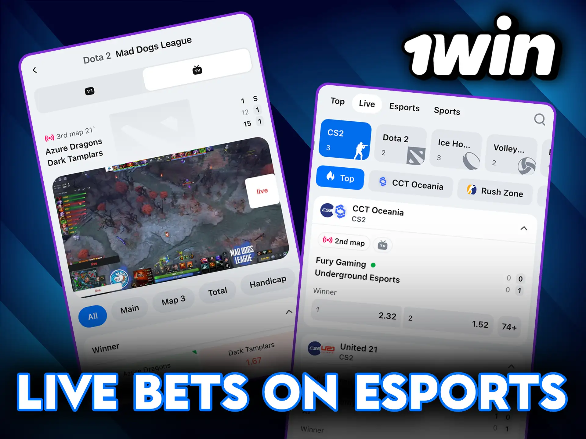 1Win live bets on Esports for real time action.