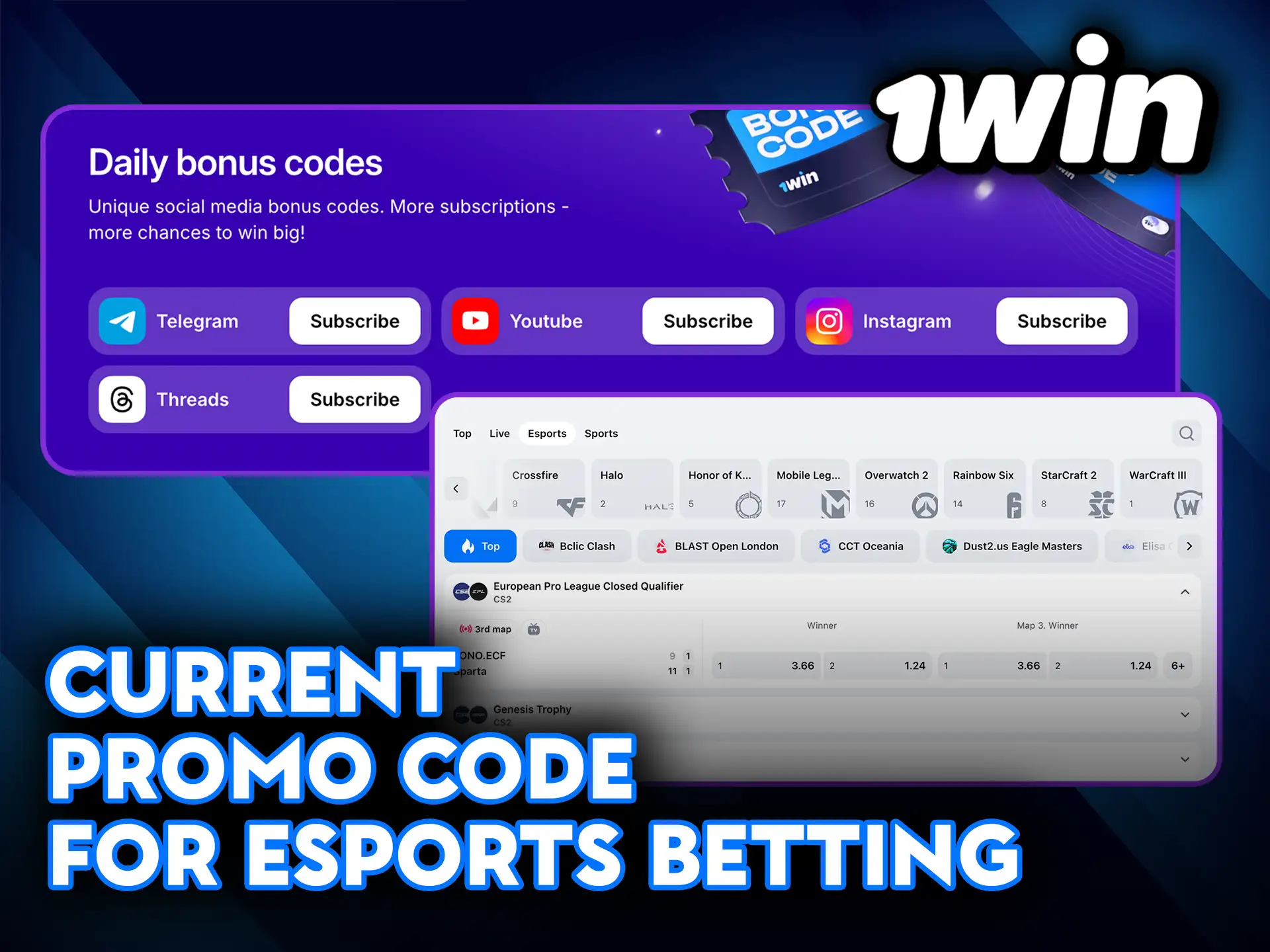 Current promo code for Esports betting at 1Win.
