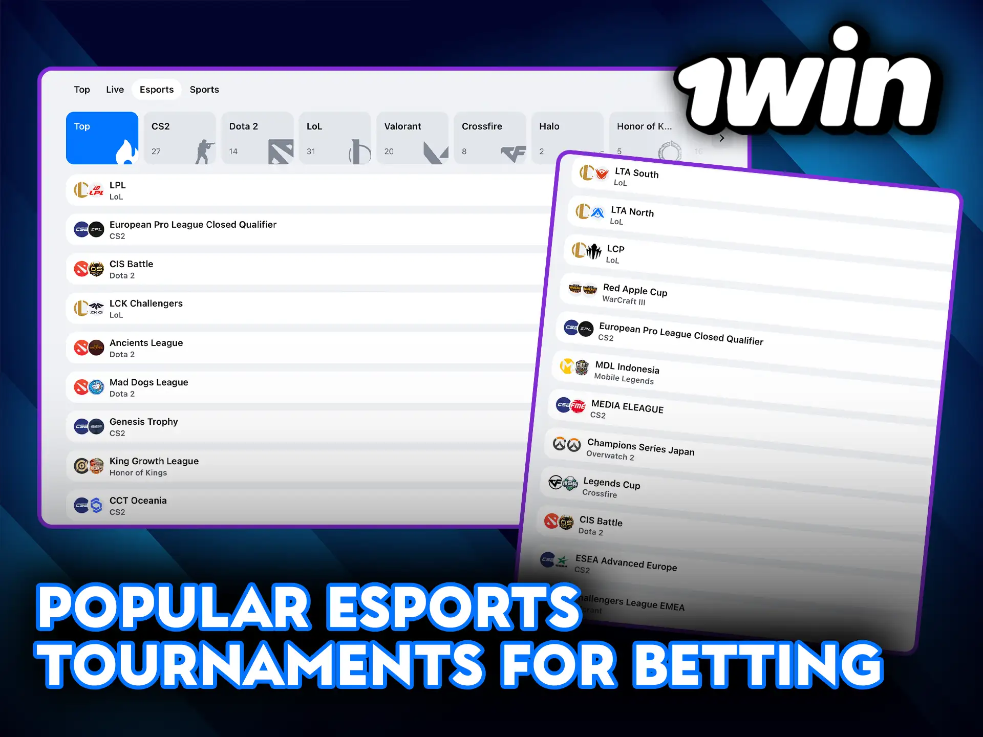 Popular Esports tournaments for betting at 1Win.