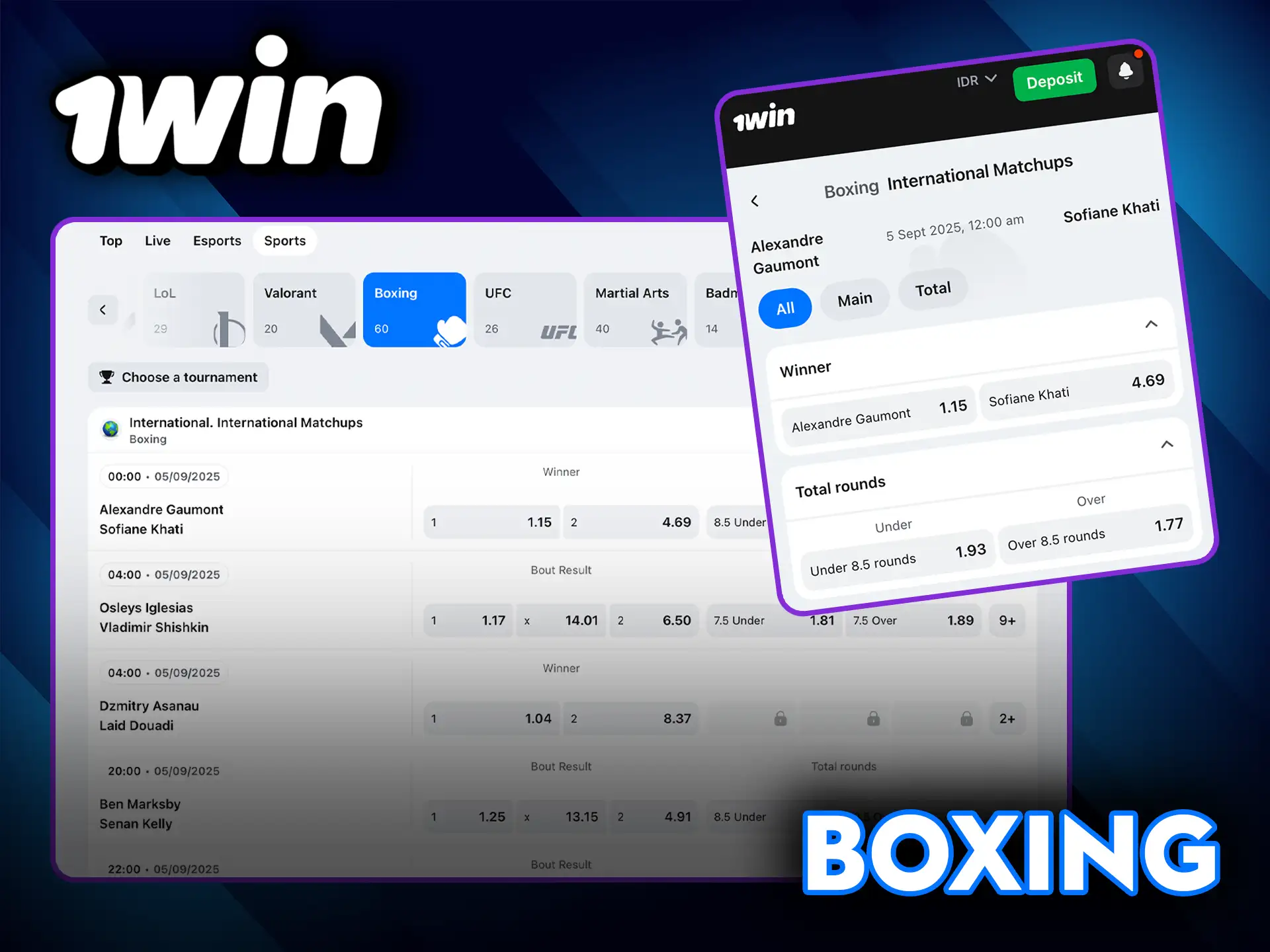 Place your bets on Boxing fights at 1Win.