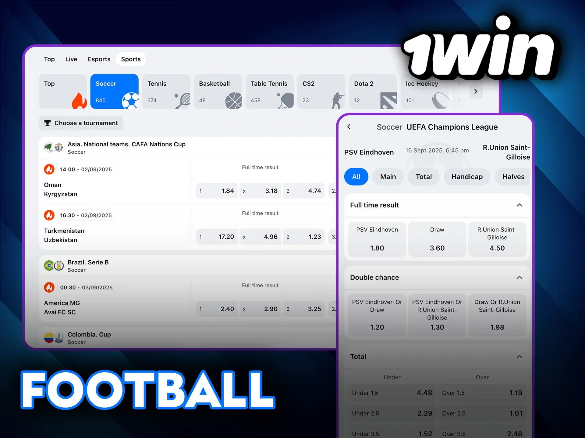 Bet on Football matches at 1Win and win big.