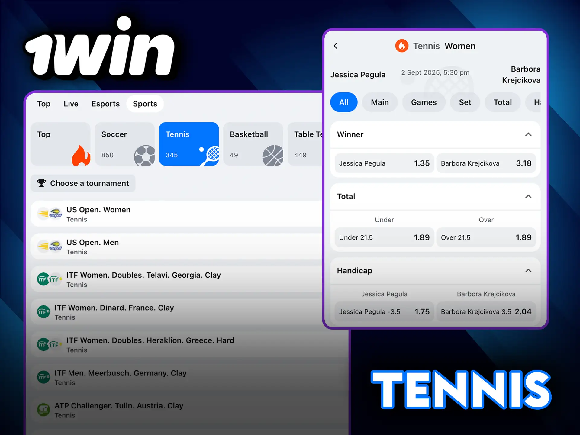 Tennis betting markets and live odds at 1Win.
