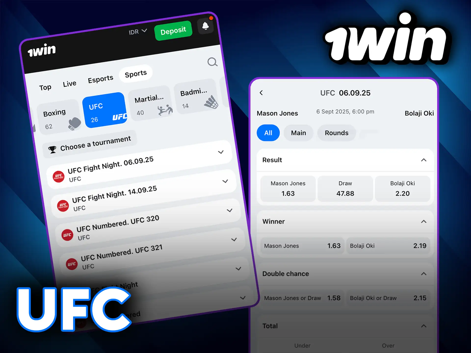 UFC betting action at 1Win sportsbook.