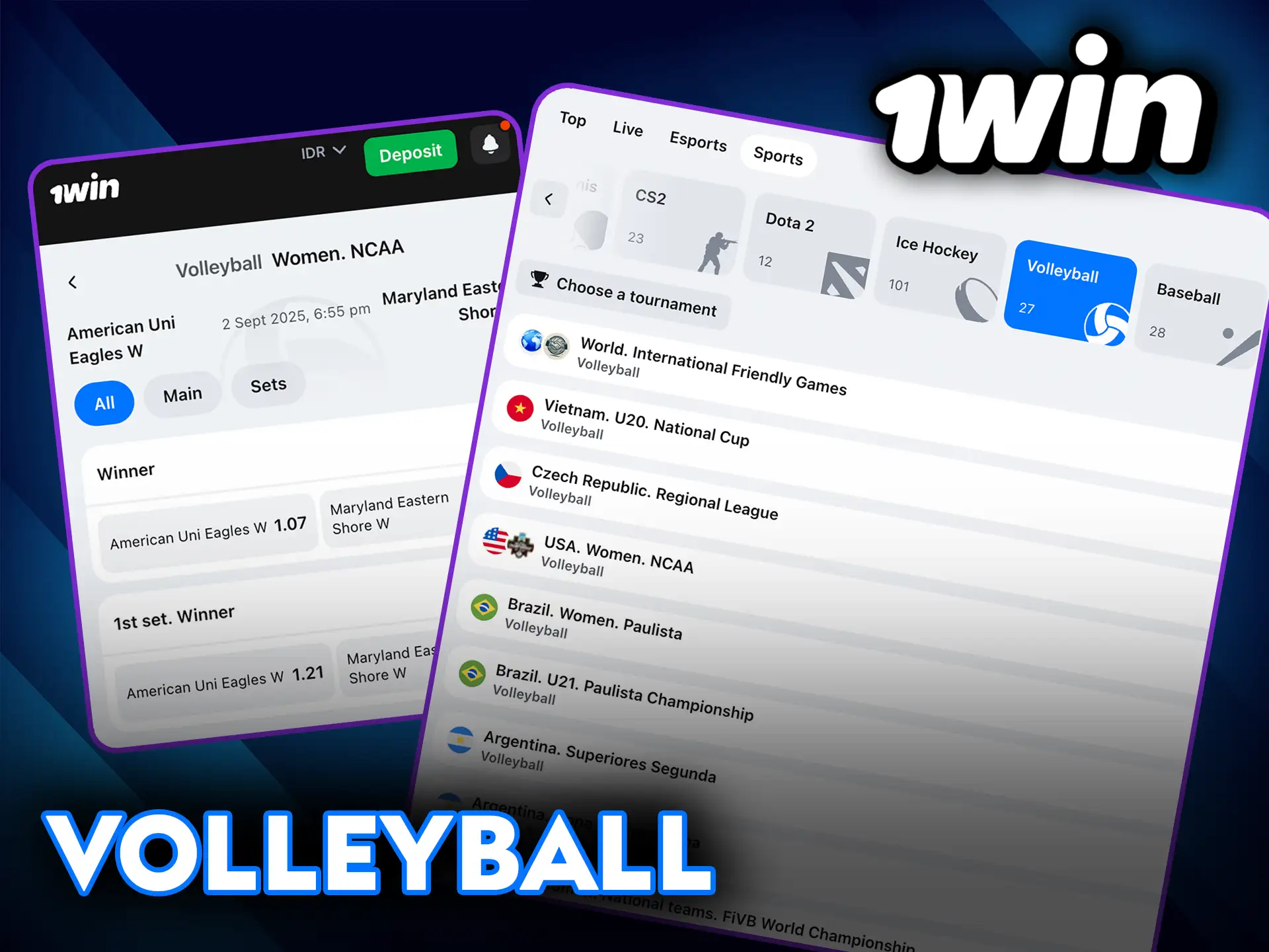 Volleyball betting options with top odds at 1Win.