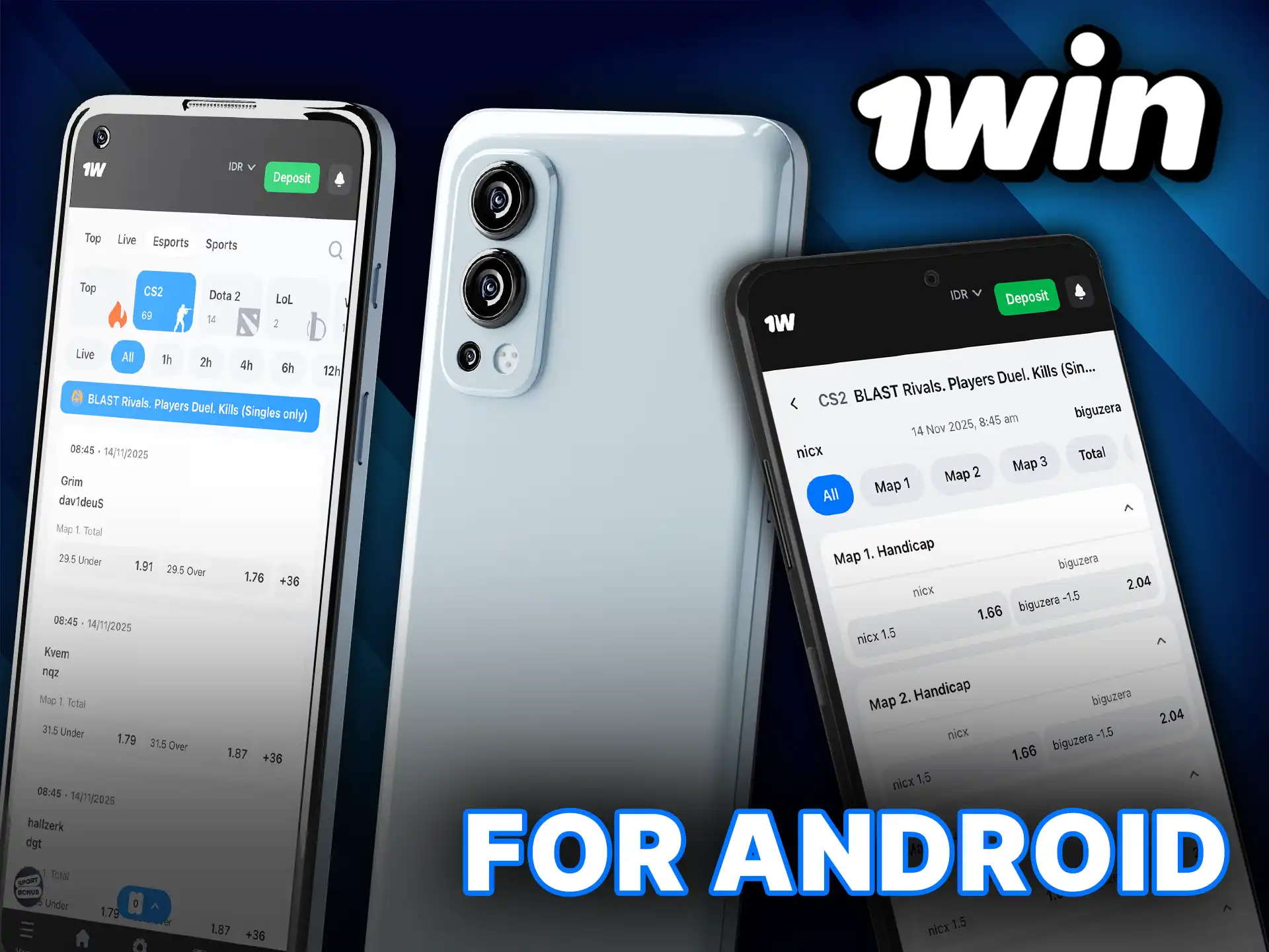 Download the 1win app for Android to bet on CS 2 on the go in Indonesia.