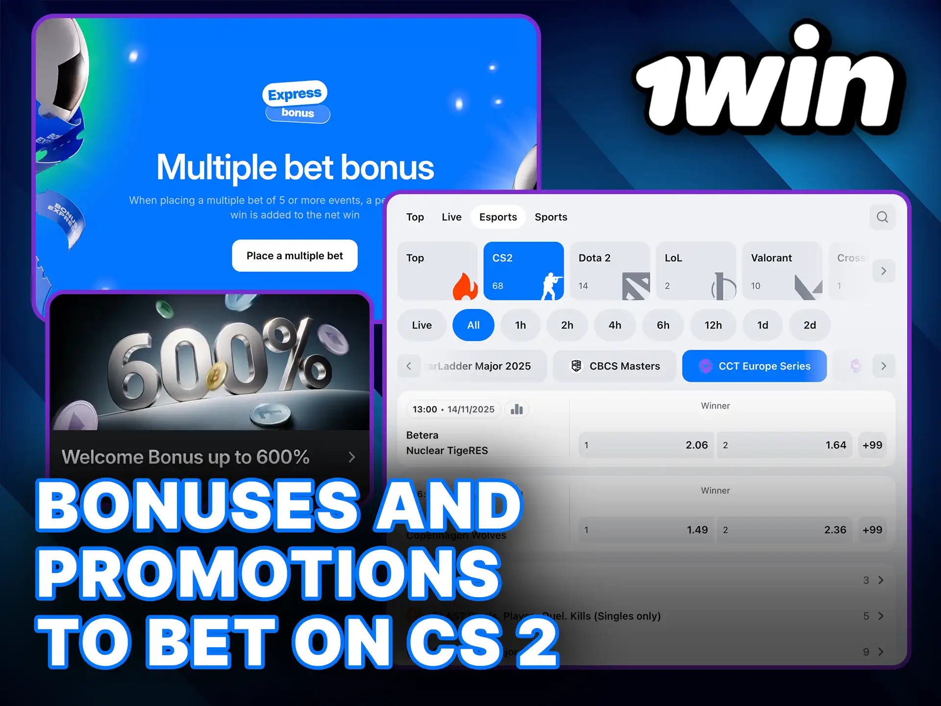 Claim 1win Bonuses and Promotions to bet on CS 2 and maximize your potential winnings.