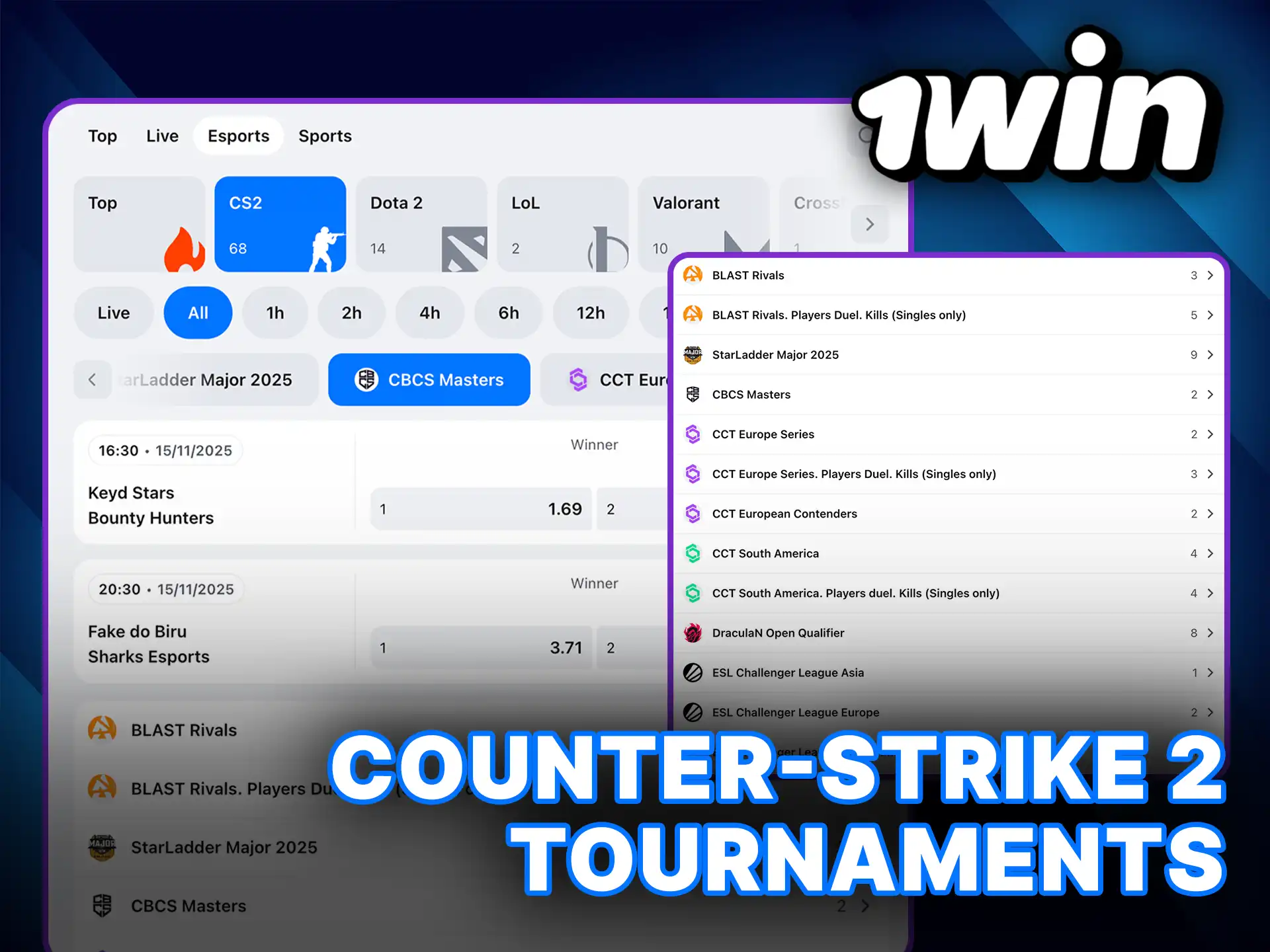 Bet on the biggest Counter-Strike 2 Tournaments and win massive prizes with 1win.
