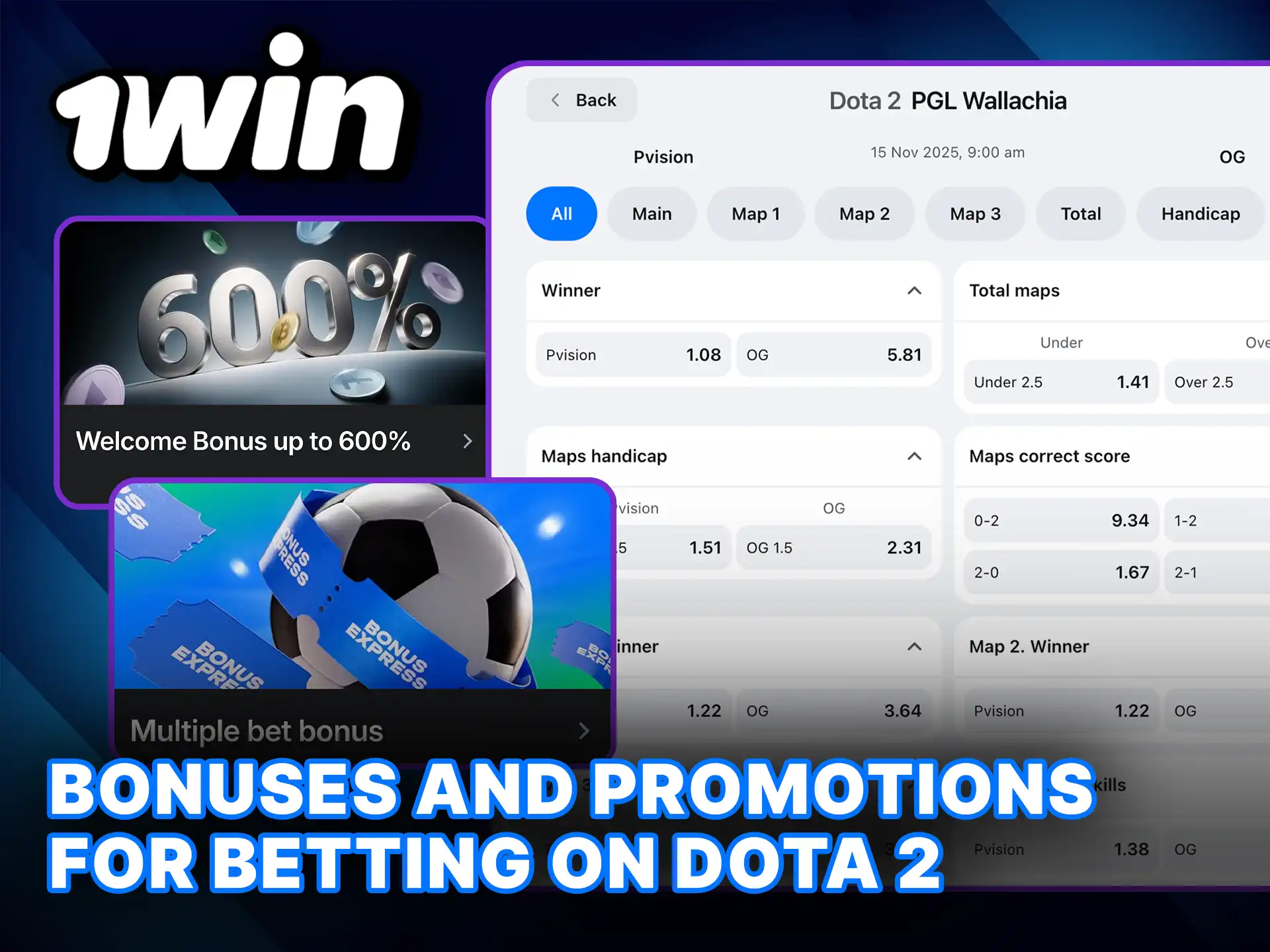 Claim bonuses and promotions for betting on Dota 2 and maximize your potential winnings with 1Win.