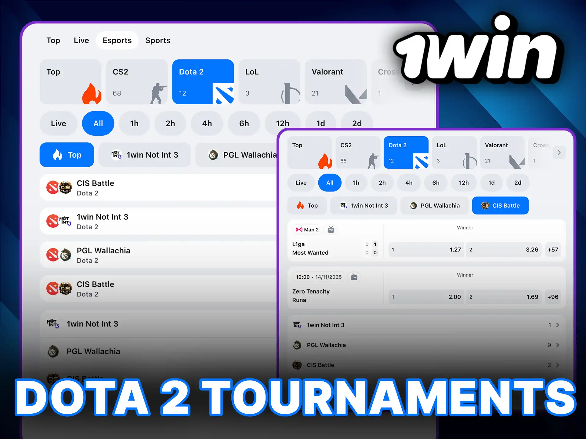 Bet on the biggest Dota 2 Tournaments and win massive prizes with 1Win.