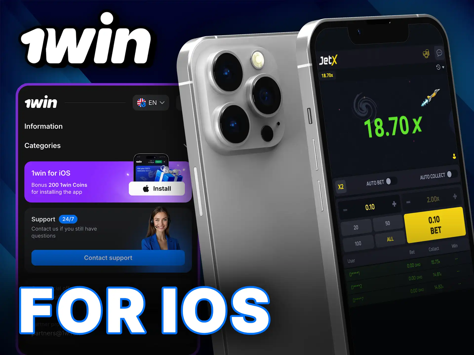 Install the 1Win App for iOS and enjoy JetX on your device.