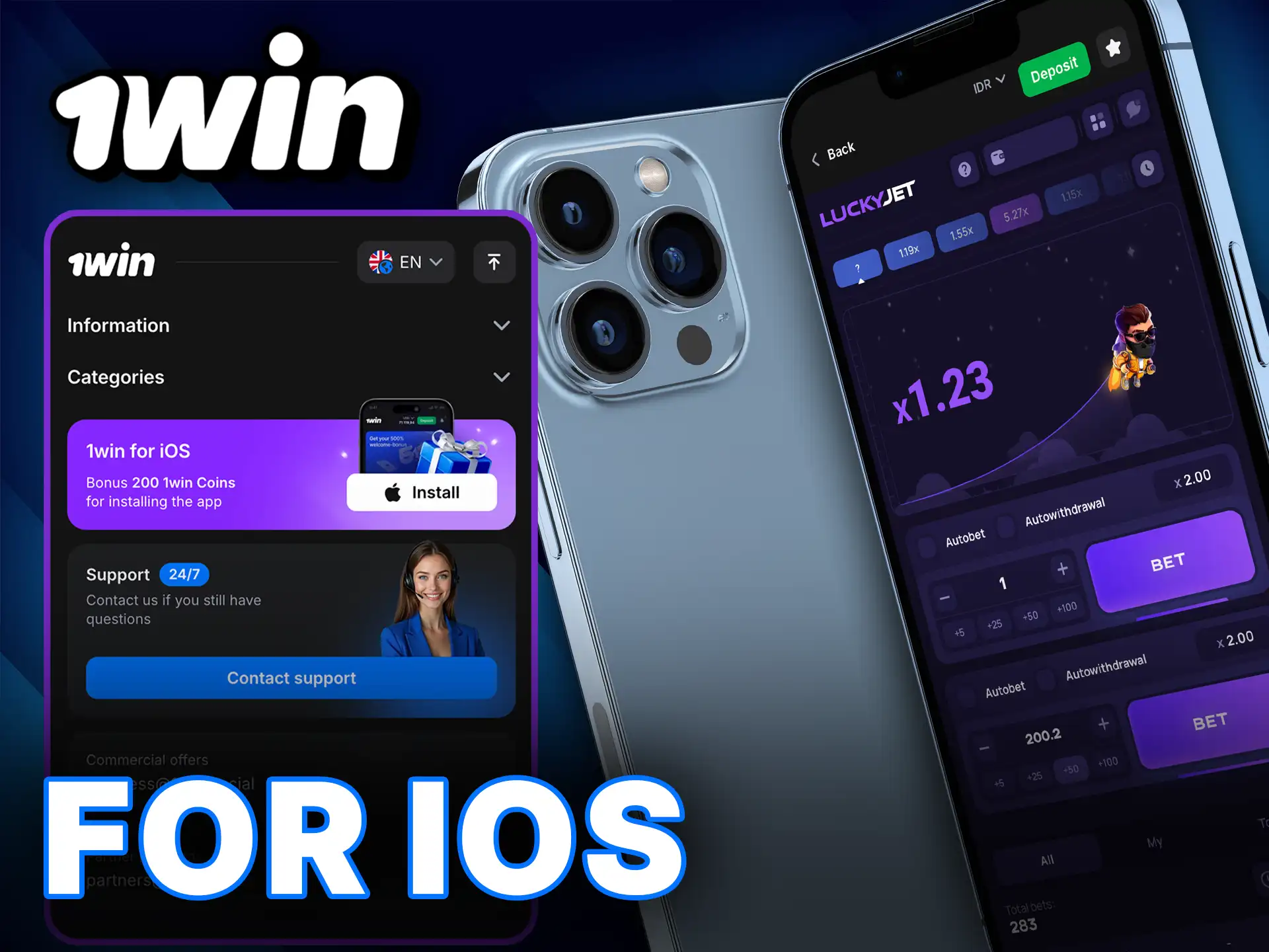 Install the 1Win app for iOS and enjoy Lucky Jet on your device with 1Win.