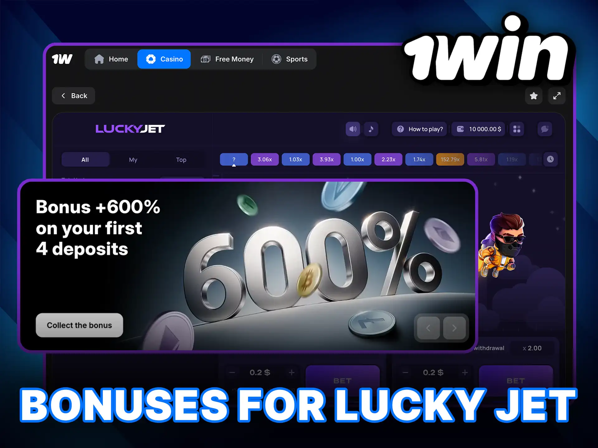 Claim bonuses for Lucky Jet at 1Win and increase your betting power instantly.