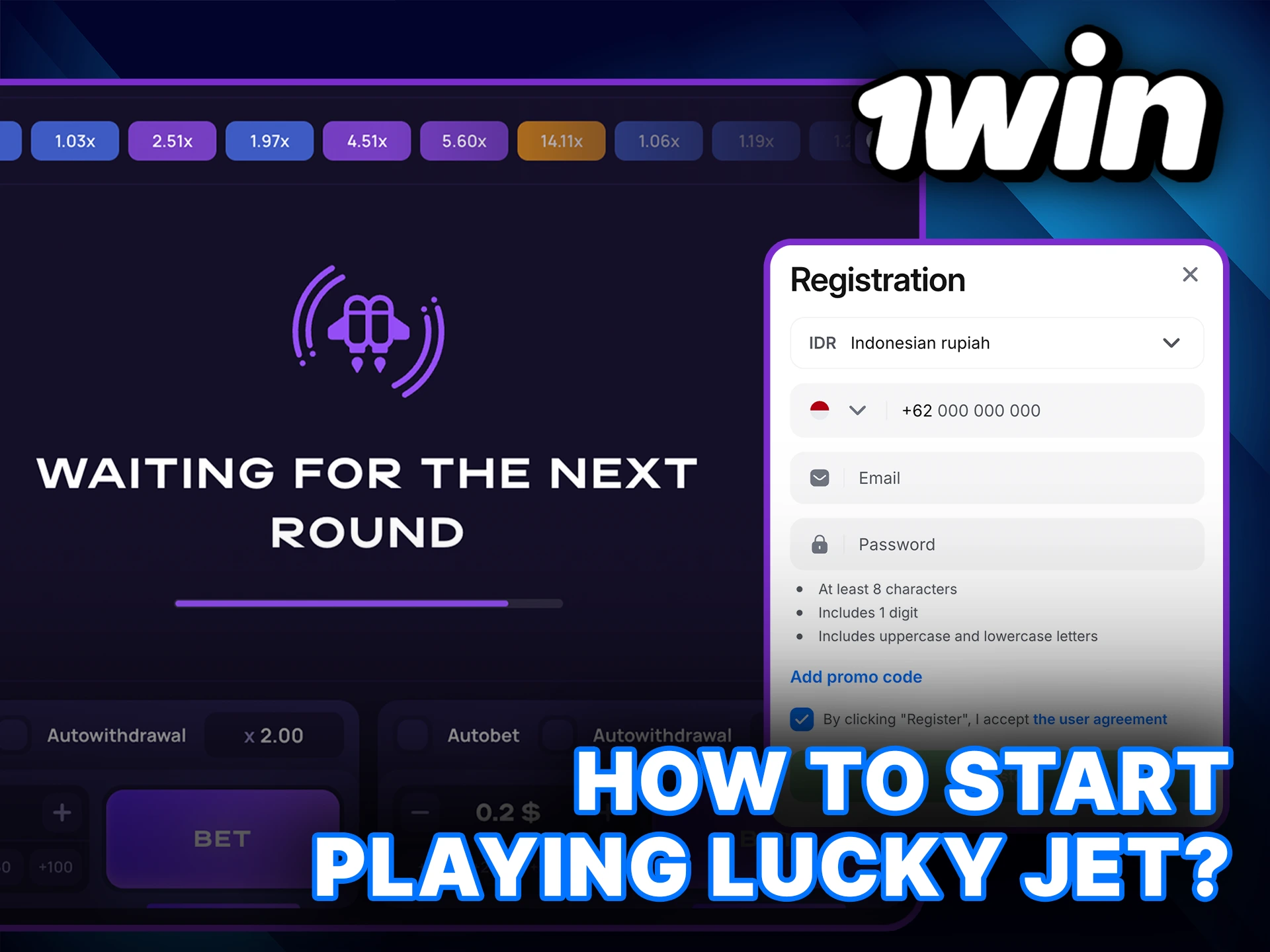 Learn how to start playing Lucky Jet on 1Win and launch your first winning round.