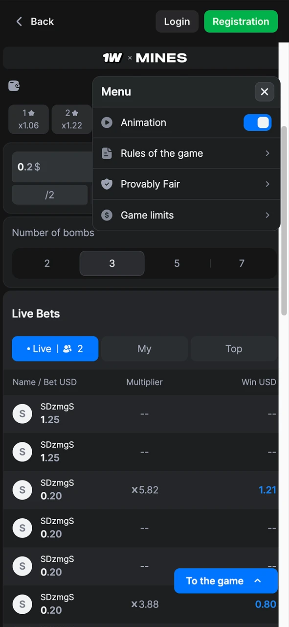Check the Mines menu to adjust your settings and win more at 1Win.