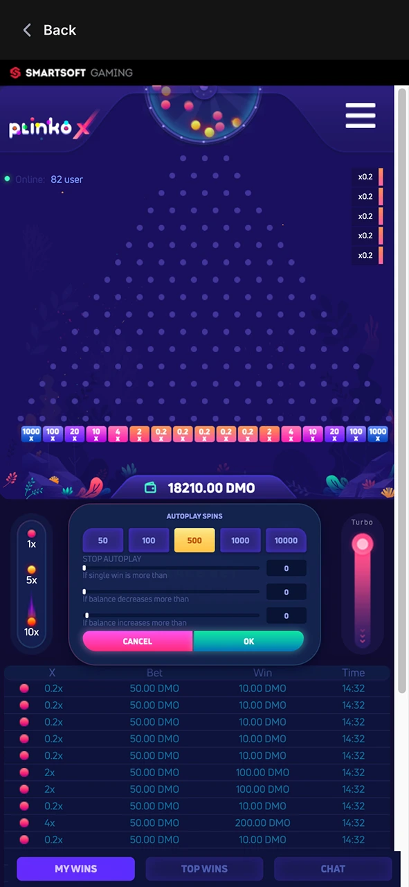 View the Plinko autoplay settings and set your automatic bets at 1Win.