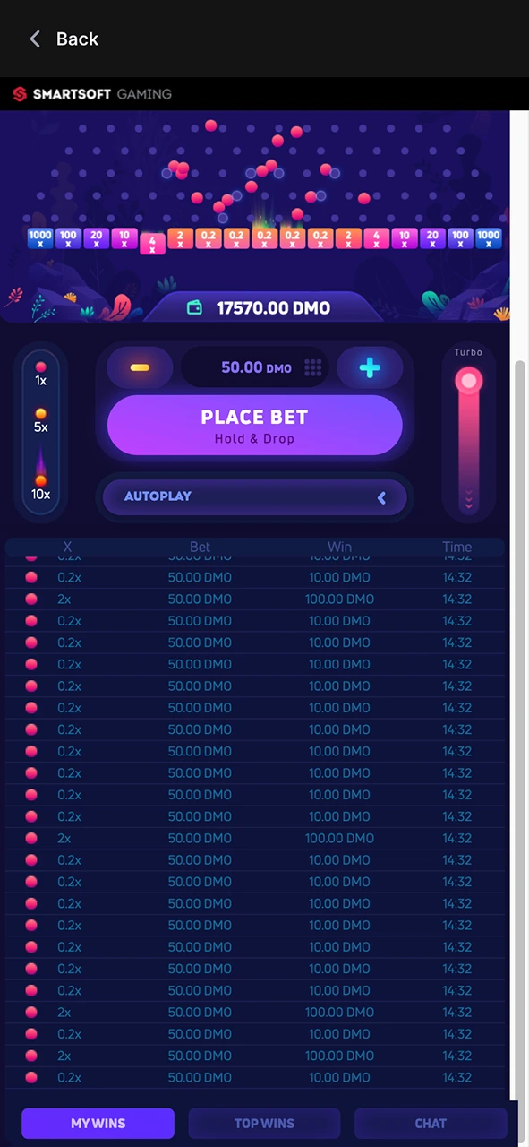 Check the Plinko bets panel and place your wagers to win at 1Win.