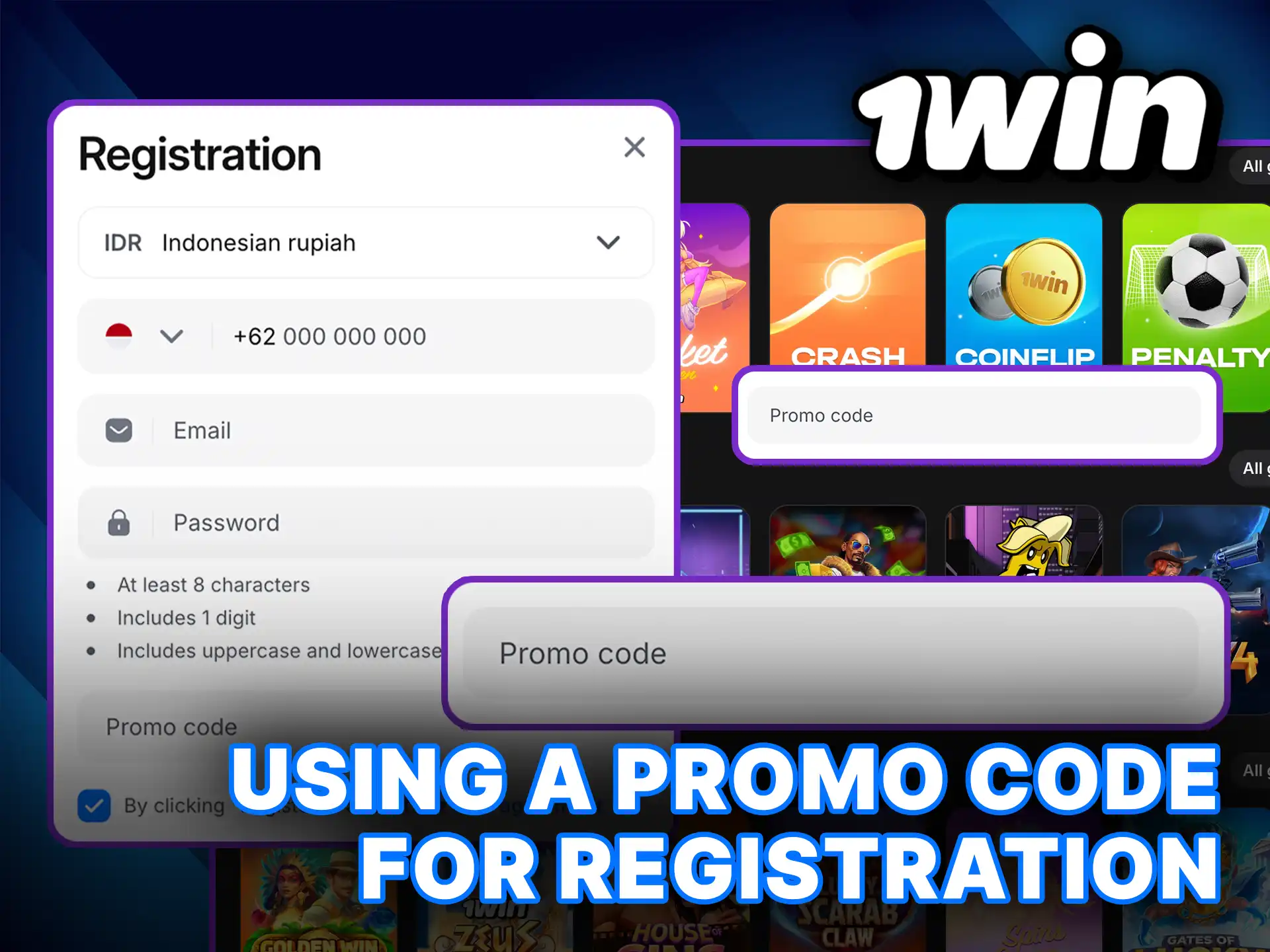 Use a Promo Code for registration and get your welcome bonus when joining 1Win.