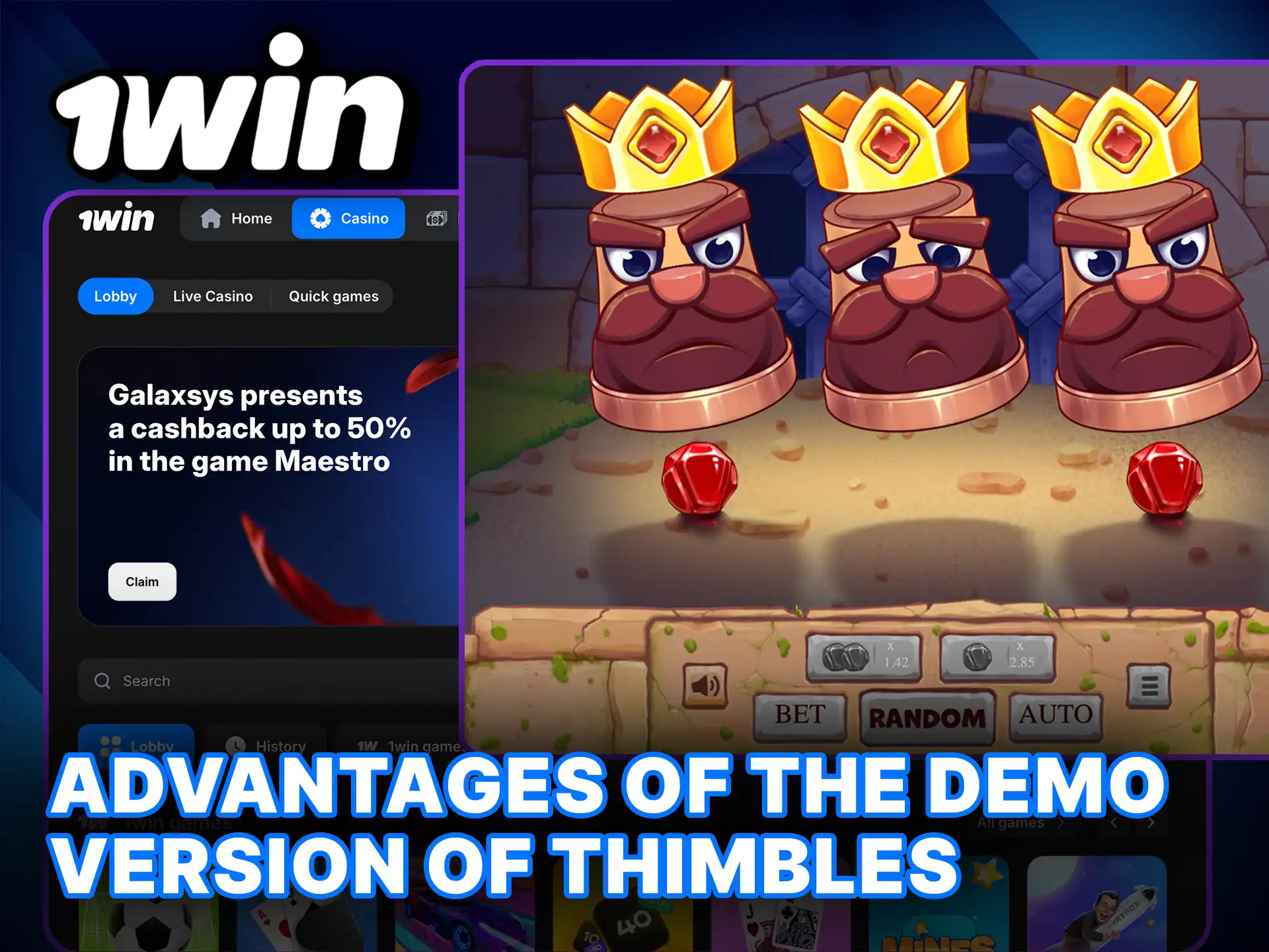 Discover the advantages of the Demo Version of Thimbles and practice your strategy for free at 1Win.