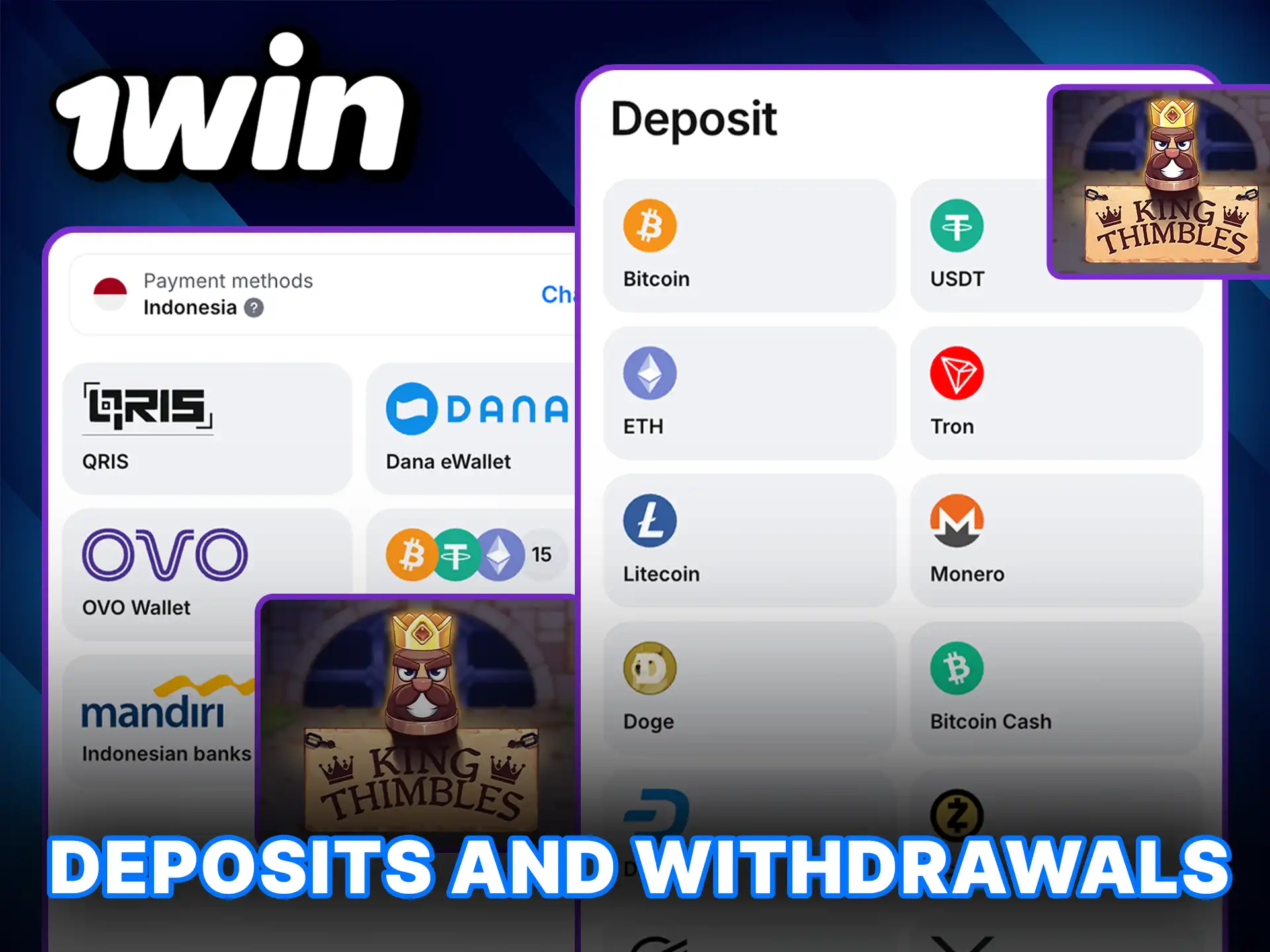 Manage deposits and withdrawals for Thimbles in the 1Win app and get your cash quickly.