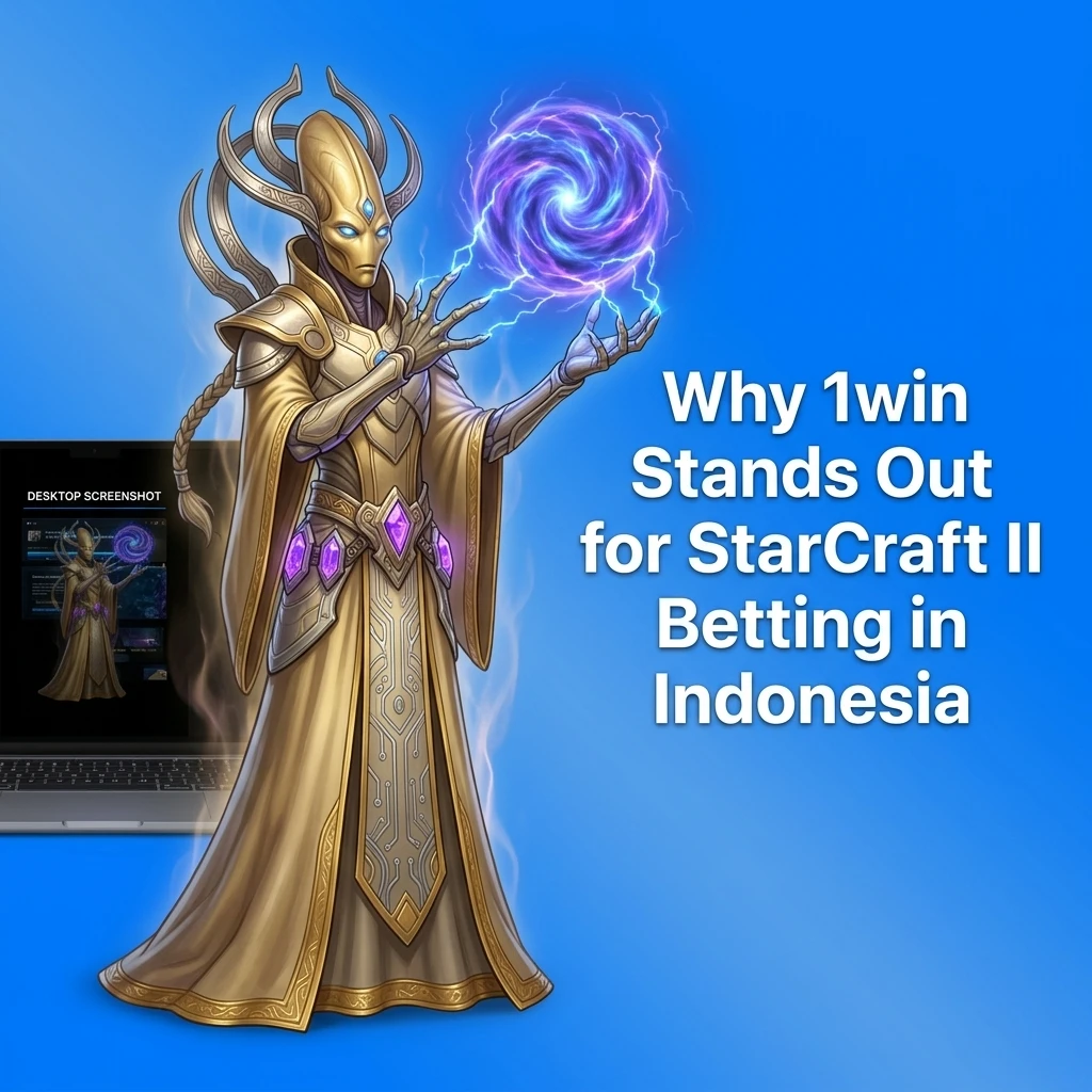 1win StarCraft II betting platform in Indonesia showing esports odds, mobile app, and welcome bonus features